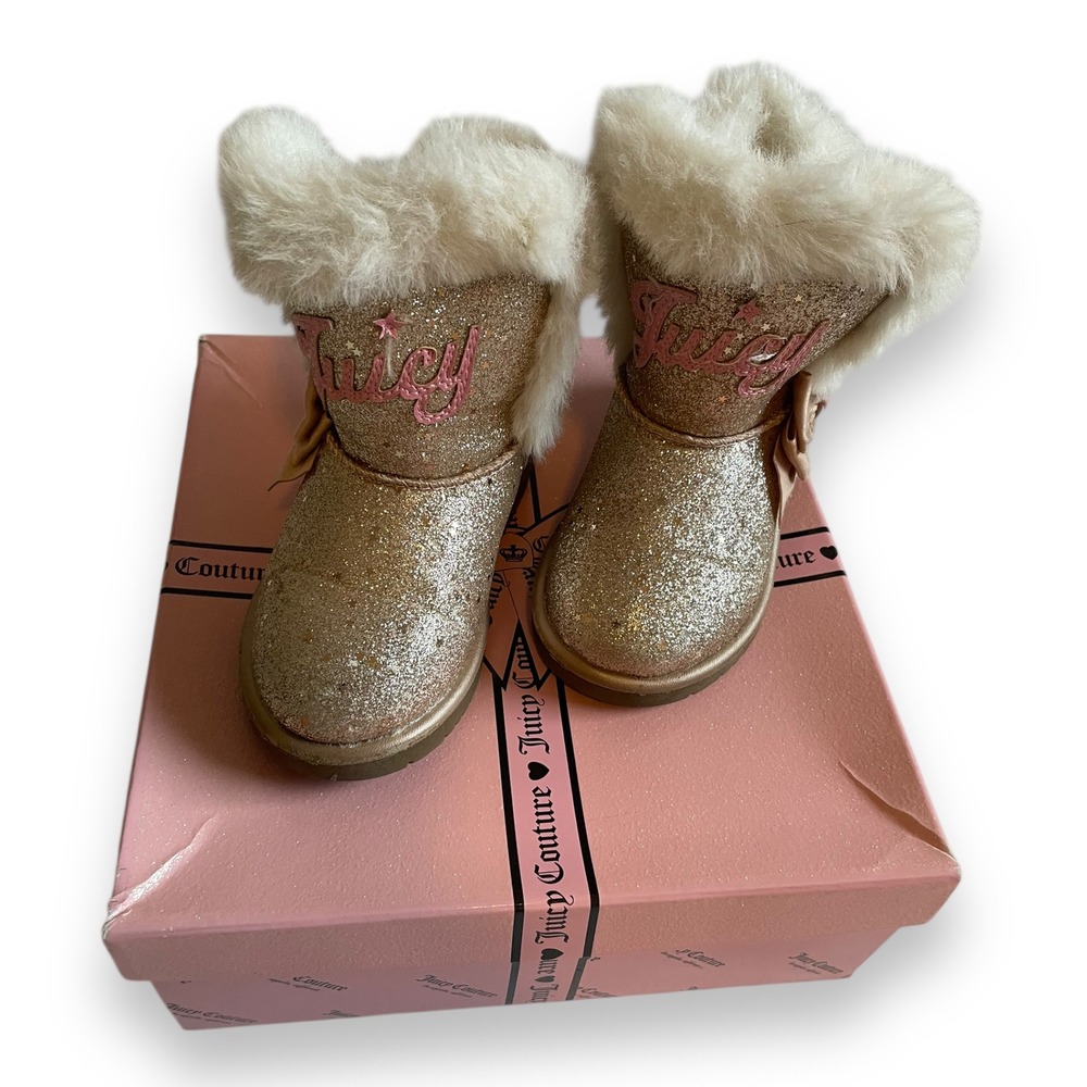 Juicy Couture Toddler Girls Rose Gold Glitter Faux Fur Boots Size 7